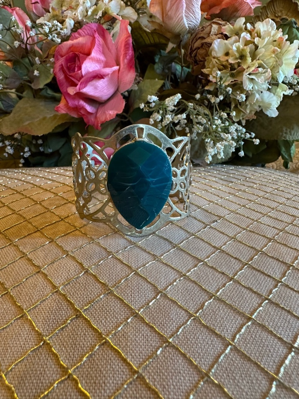 Filigree Silver Cuff Bracelet with Teardrop Teal Stone